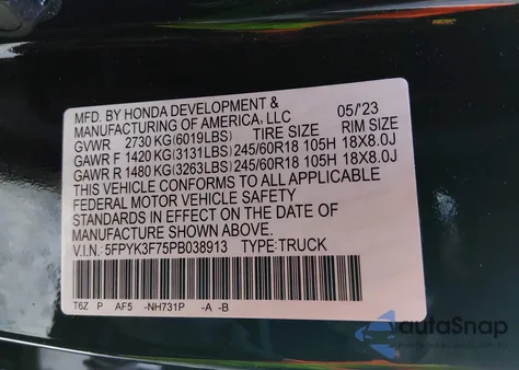 2023 Honda Ridgeline Rtl-E z USA, uszkodzony, nr VIN 5FPYK3F75PB038913